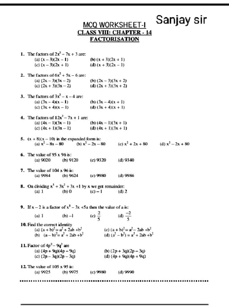 Factorization Practice Questions for Class VIII | PDF | Polynomial ...