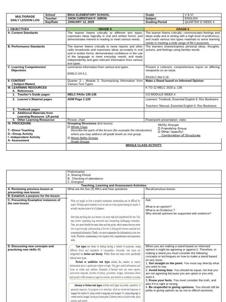 Multigrade English Lesson Plan for Grades V-VI | PDF | Learning ...