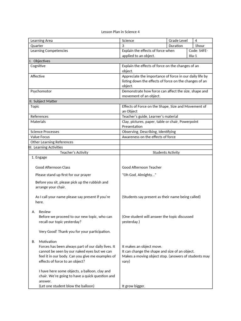Grade 4 Science Lesson on Force Effects | PDF | Force | Learning
