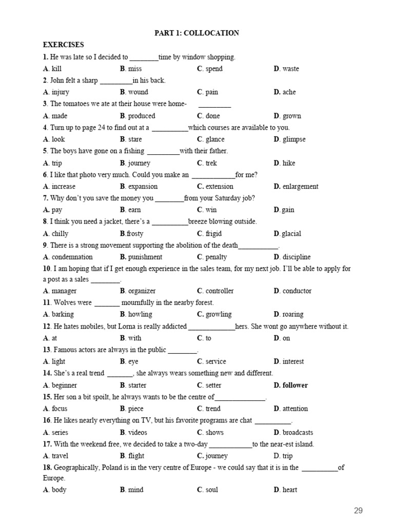 Collocation Exercises for Language Learners | PDF