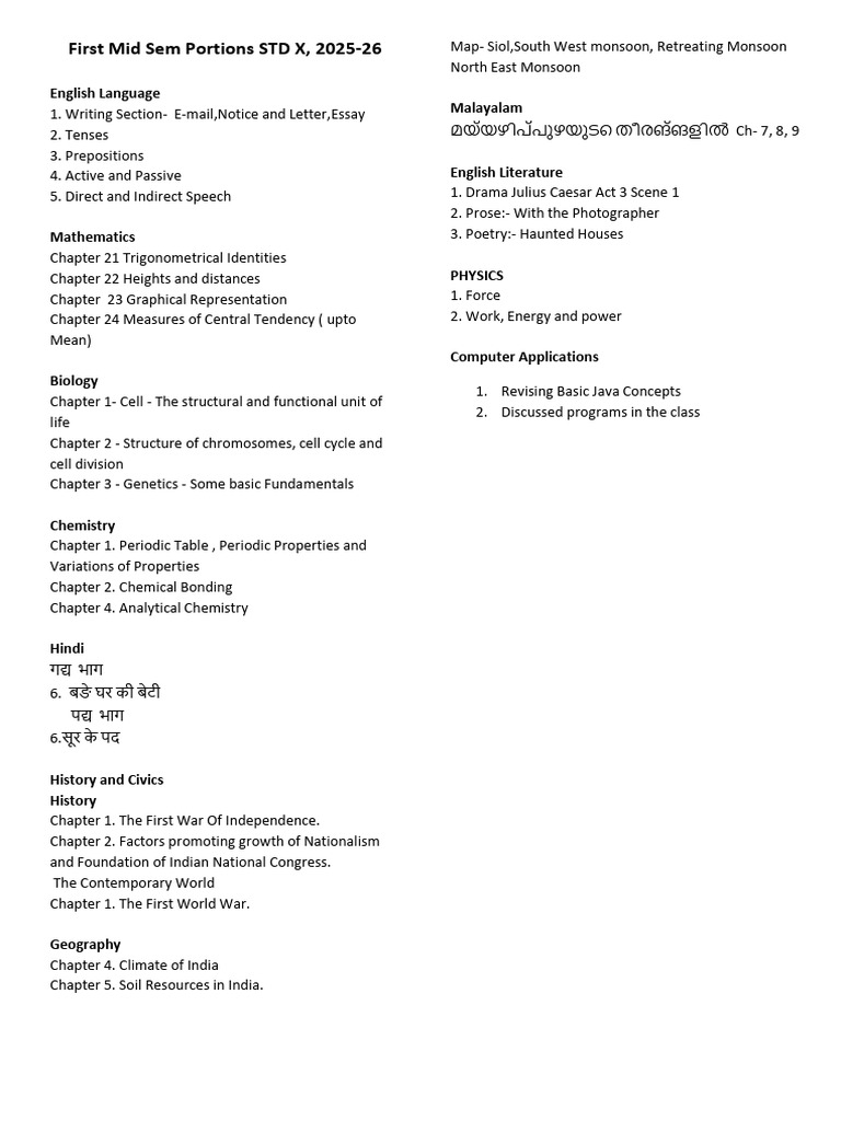 First Mid Sem Exam Portions STD X 2025 | PDF