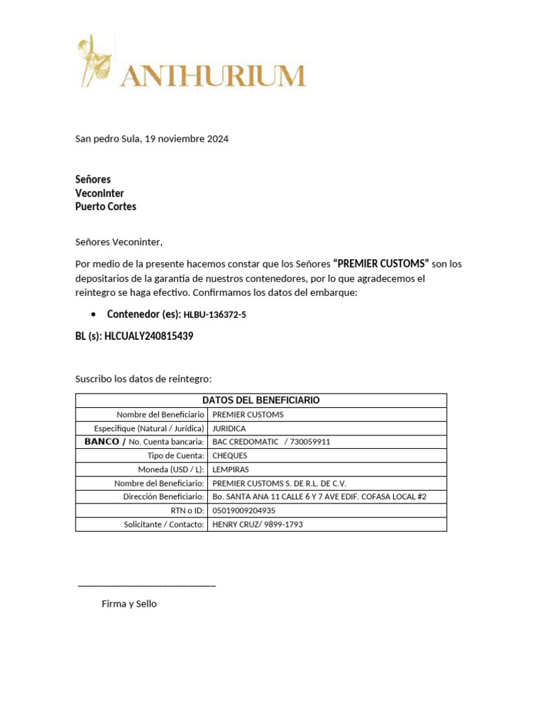Reintegro de Garantía a Premier Customs | PDF