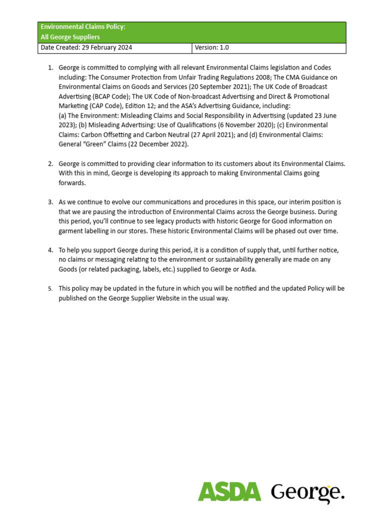 George Suppliers Environmental Claims Policy | PDF
