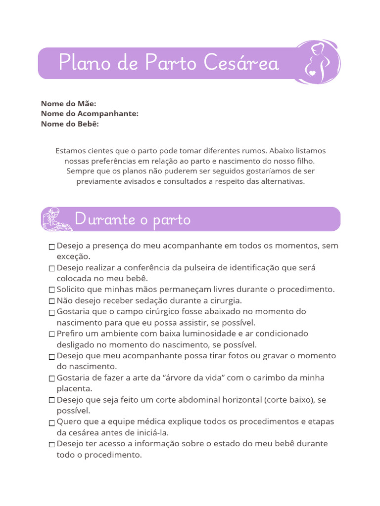 Plano de Parto Cesárea para Preencher (Lilás) | PDF | Amamentação | Parto