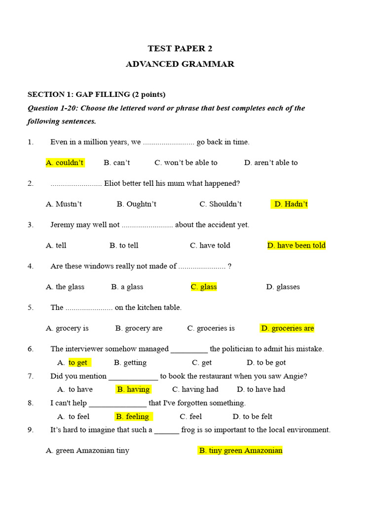 Advanced Grammar Test Paper 2 | PDF