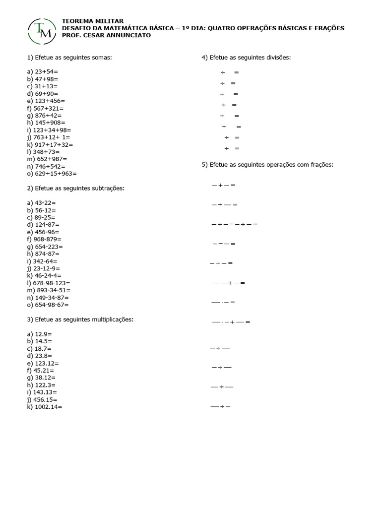 Desafio de Matemática: Operações Básicas | PDF | Aritmética | Notação ...
