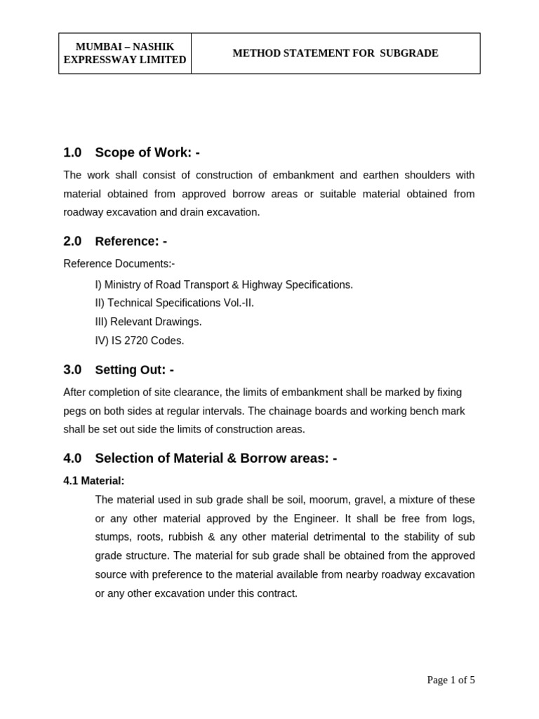 Method Statement For Subgrade | PDF | Road