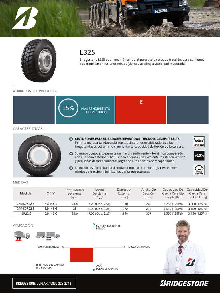 275-80R22.5 Bridgestone L325 | PDF | Neumático | Tecnología de vehículos