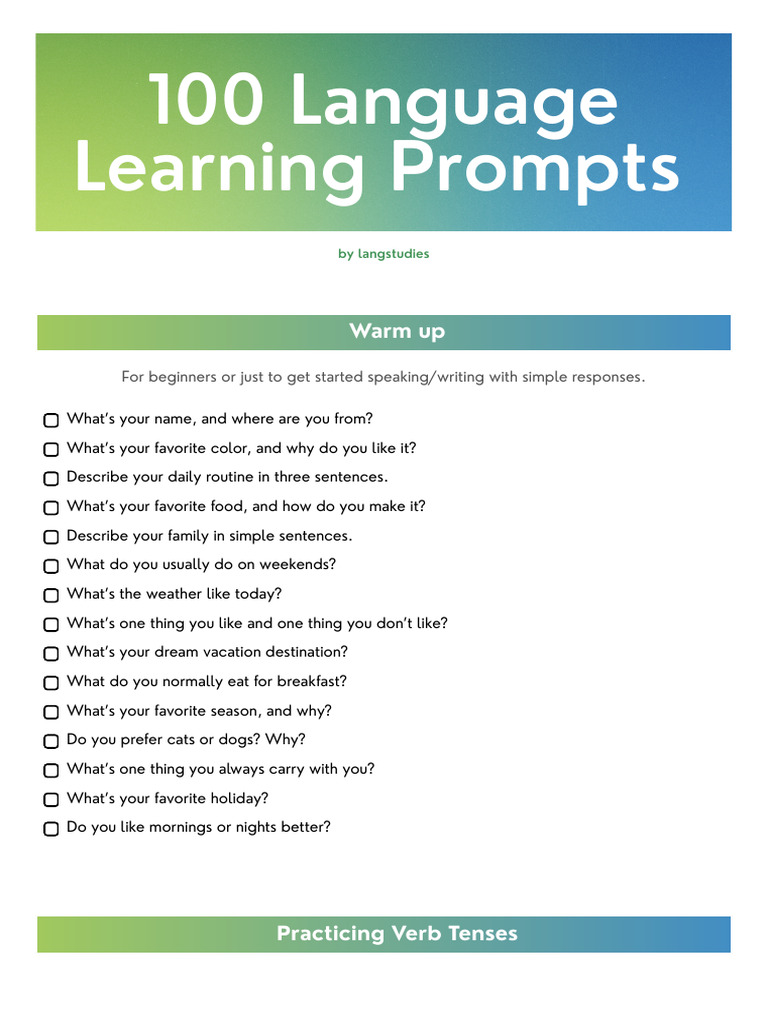 100 Language Learning Prompts Guide | PDF | Grammatical Tense | Linguistics