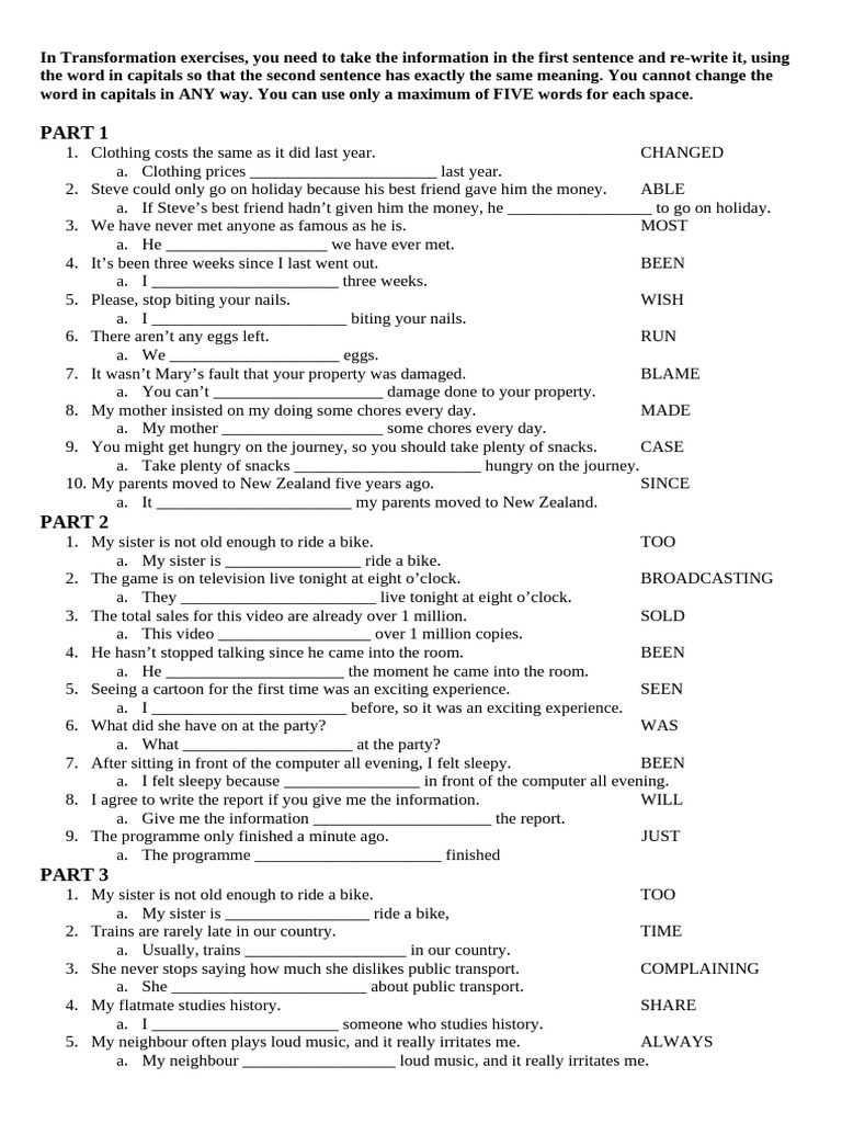 B1 Only Transformation Exercises Ak | PDF
