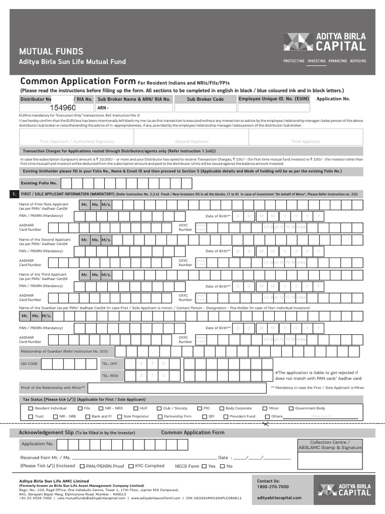 Aditya Birla Mutual Fund Application Form | PDF | Cheque | Banks