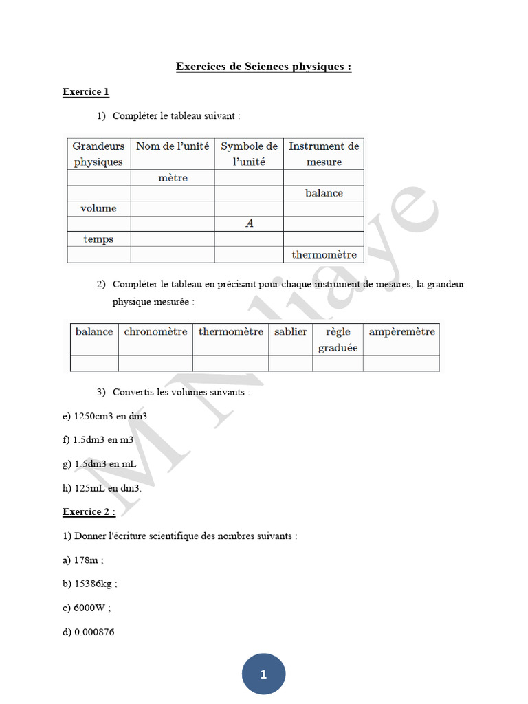 Exercices de Sciences Physiques | PDF