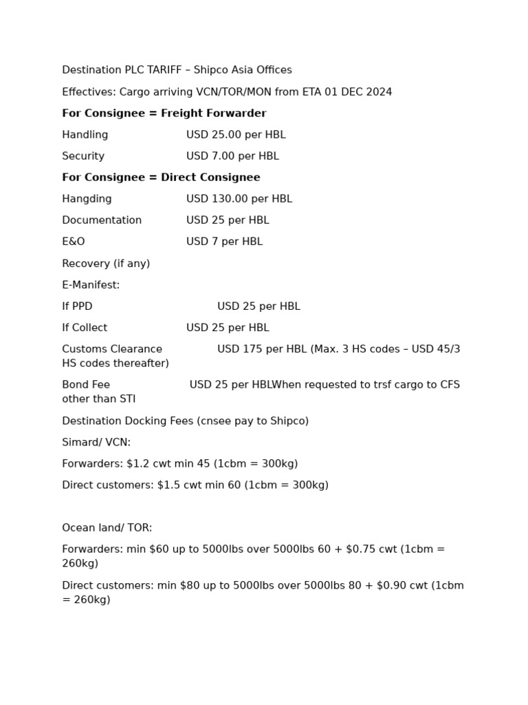 Shipco Asia Tariff Rates 2024 | PDF