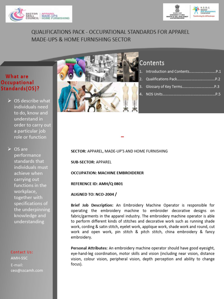 Qualifications Pack for Embroidery Operator | PDF | Embroidery ...