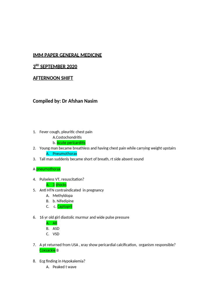 General Medicine Exam Questions September 2020 | PDF | Back Pain | Heart