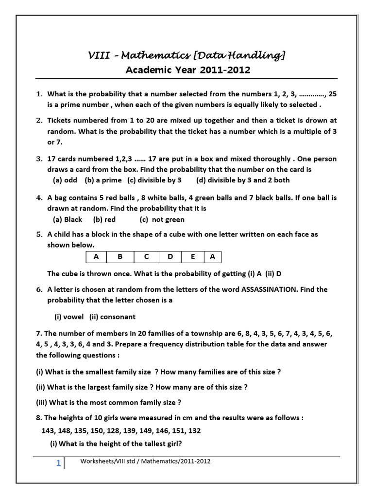 CBSE Class 8 Data Handling Worksheet | PDF