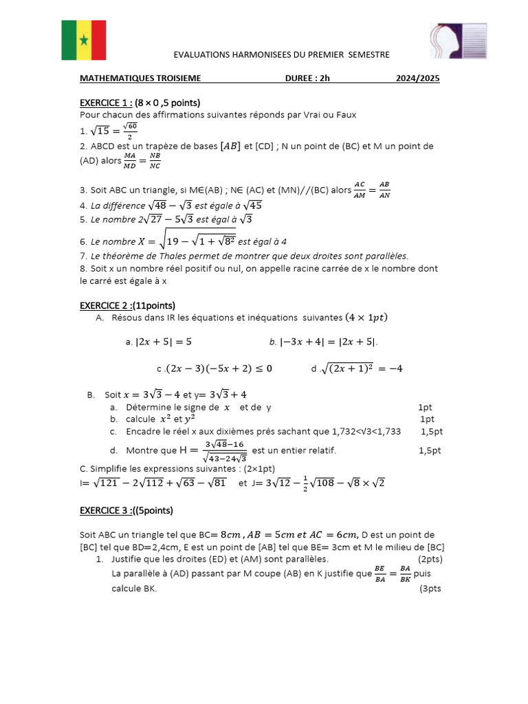 Évaluations Harmonisées Math 3e 2024/2025 | PDF