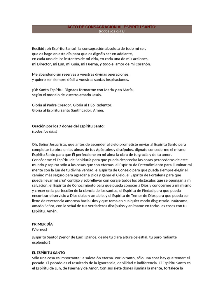 Acto de Consagración al Espíritu Santo | PDF | orador del Señor | Oración