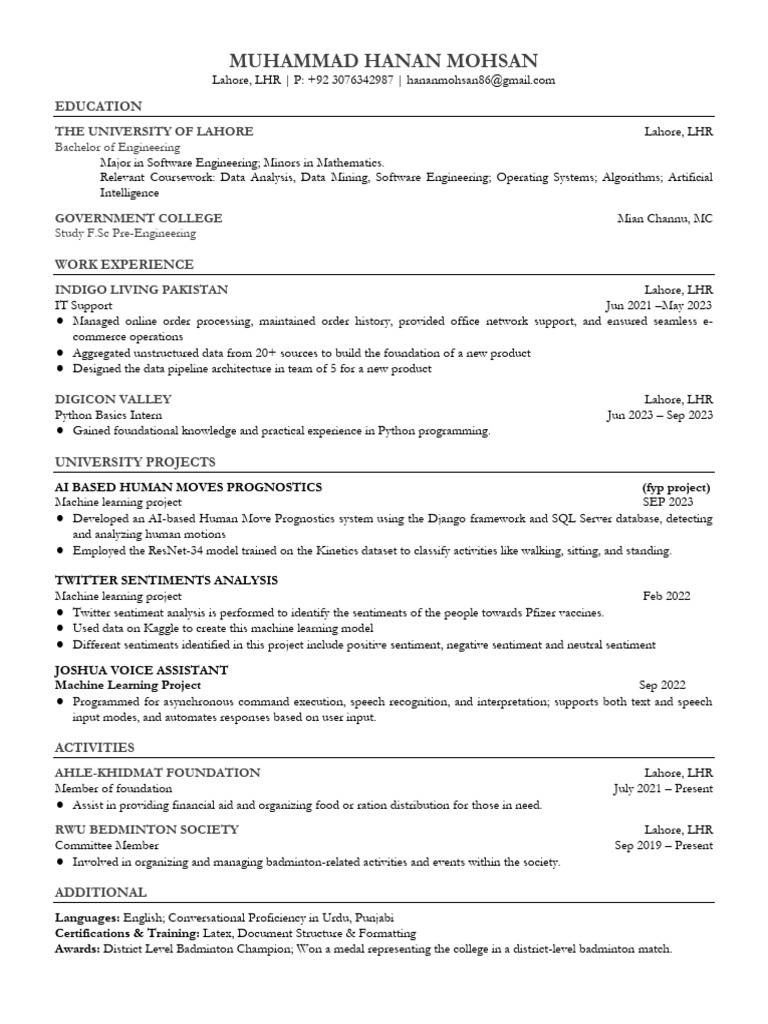 Muhammad Hanan Mohsan - Software Engineer Resume | PDF | Machine ...