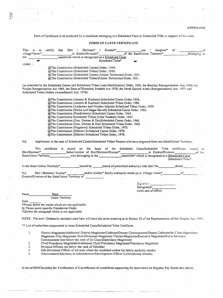 SC & ST Cert Format | PDF