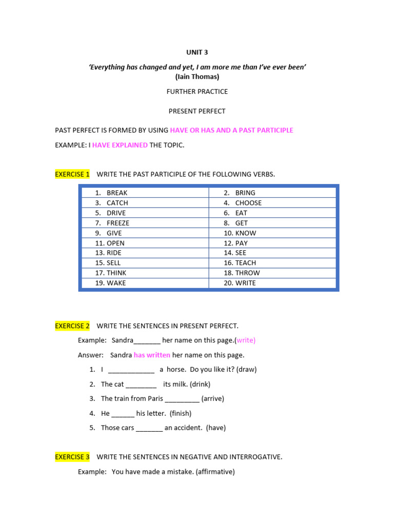 Present and Past Perfect Exercises | PDF | Perfect (Grammar) | Languages