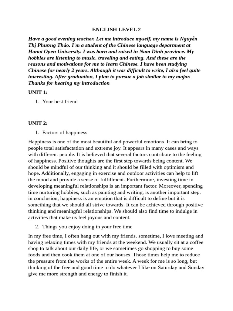 English Level 2: Personal Reflections | PDF | Happiness | Meal