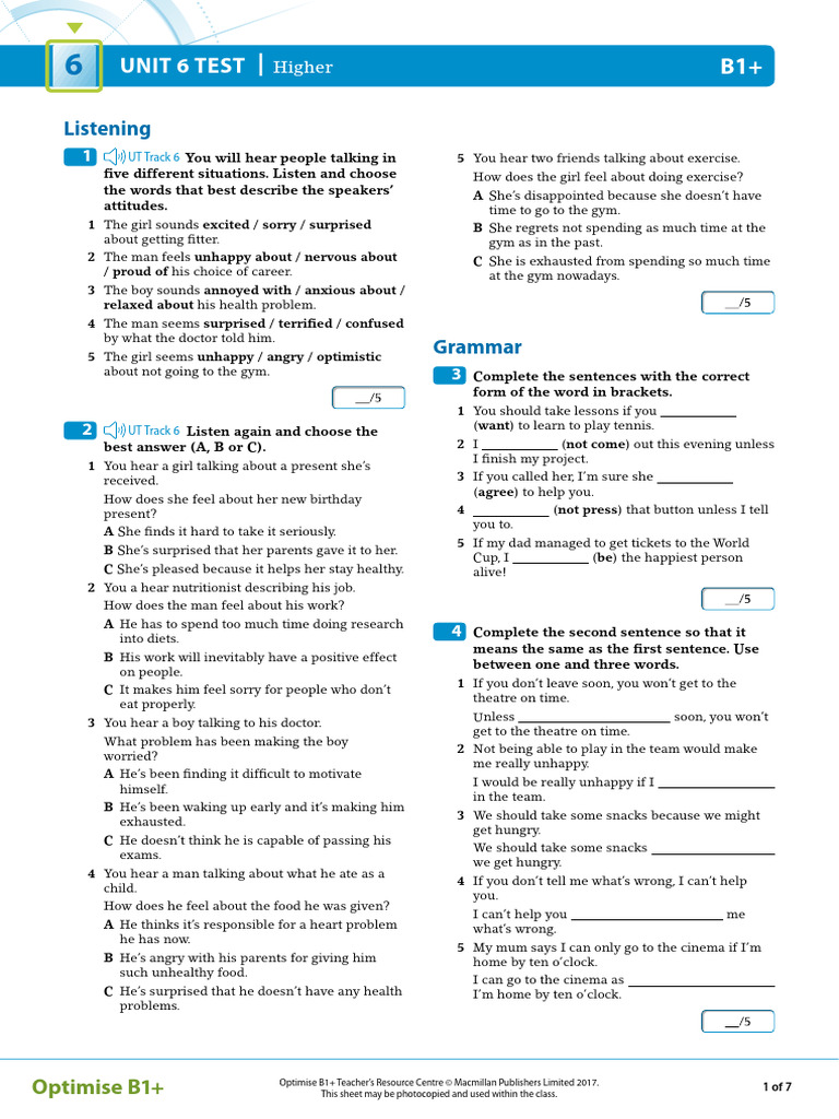 OPT B1plus Unit Test 6 Higher | PDF | Mood (Psychology) | Mental Health