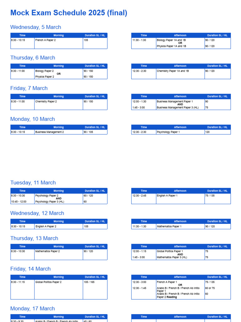 Mock Exam Schedule 2025 Final | PDF