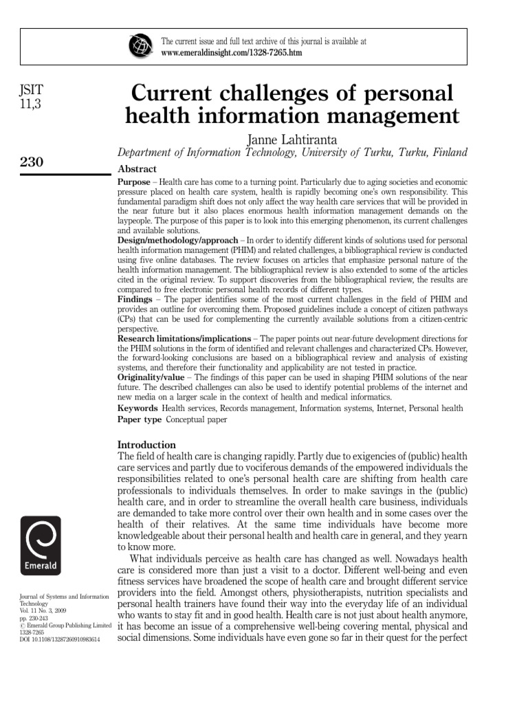 Current Challenges of Personal Health Information Management | PDF ...