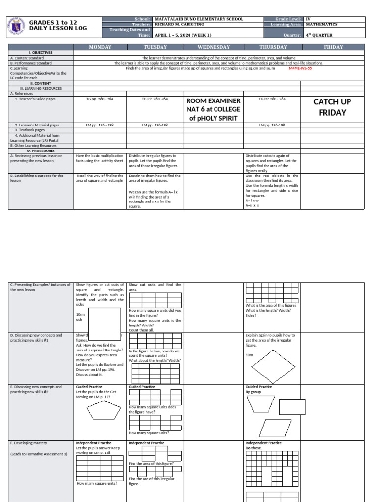 DLL - Mathematics 4 - Q4 - W1 | PDF | Area | Learning