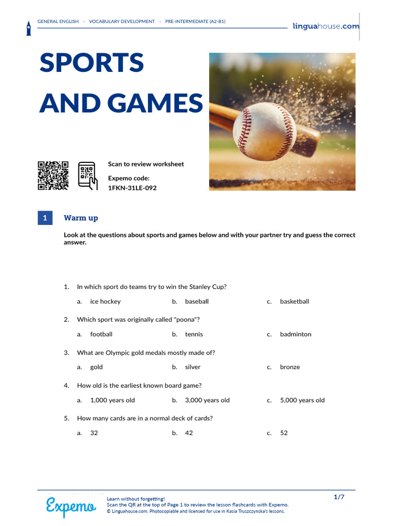 A2 Sports and Games Vocabulary Guide | PDF | Vocabulary | Crossword
