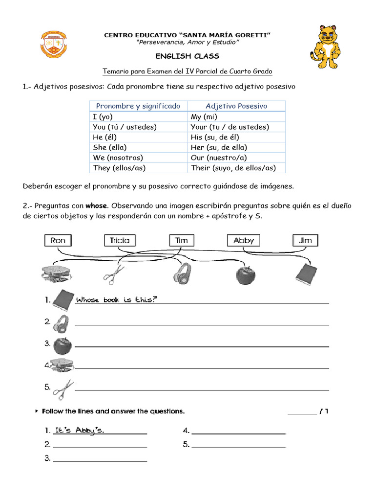 Contenidos para Examen de Inglés 4° Grado Iv Parcial 2024 | PDF