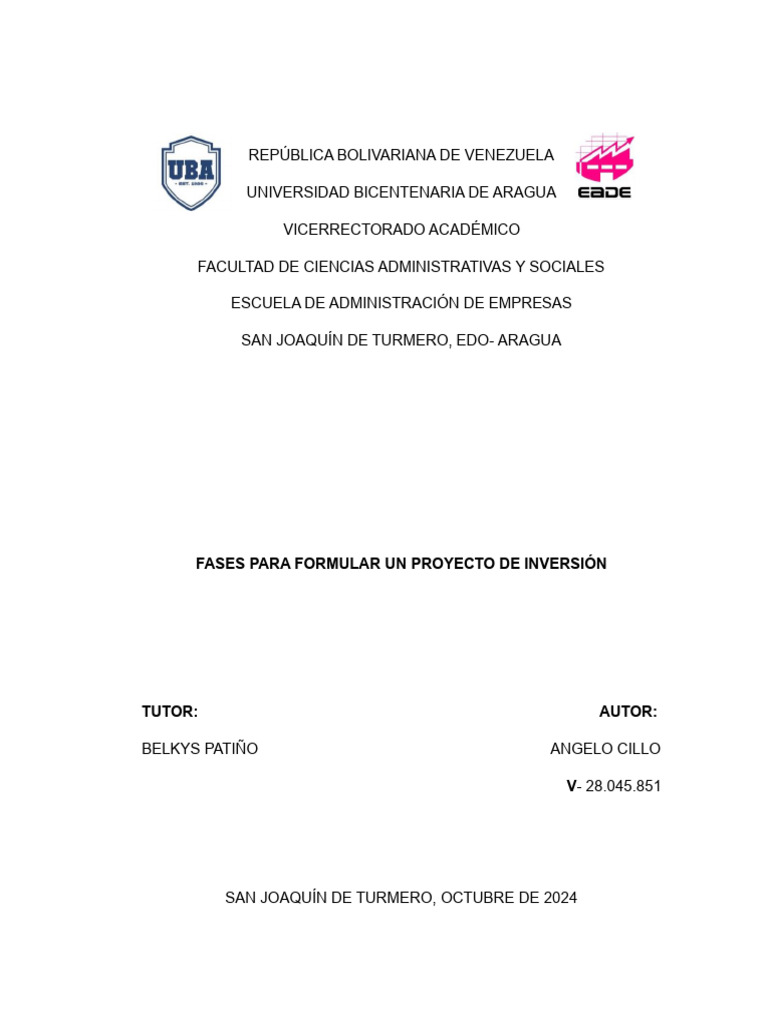 Formulación y Evaluación de Proyectos - Evaluacion #1 Angelo Cillo | PDF