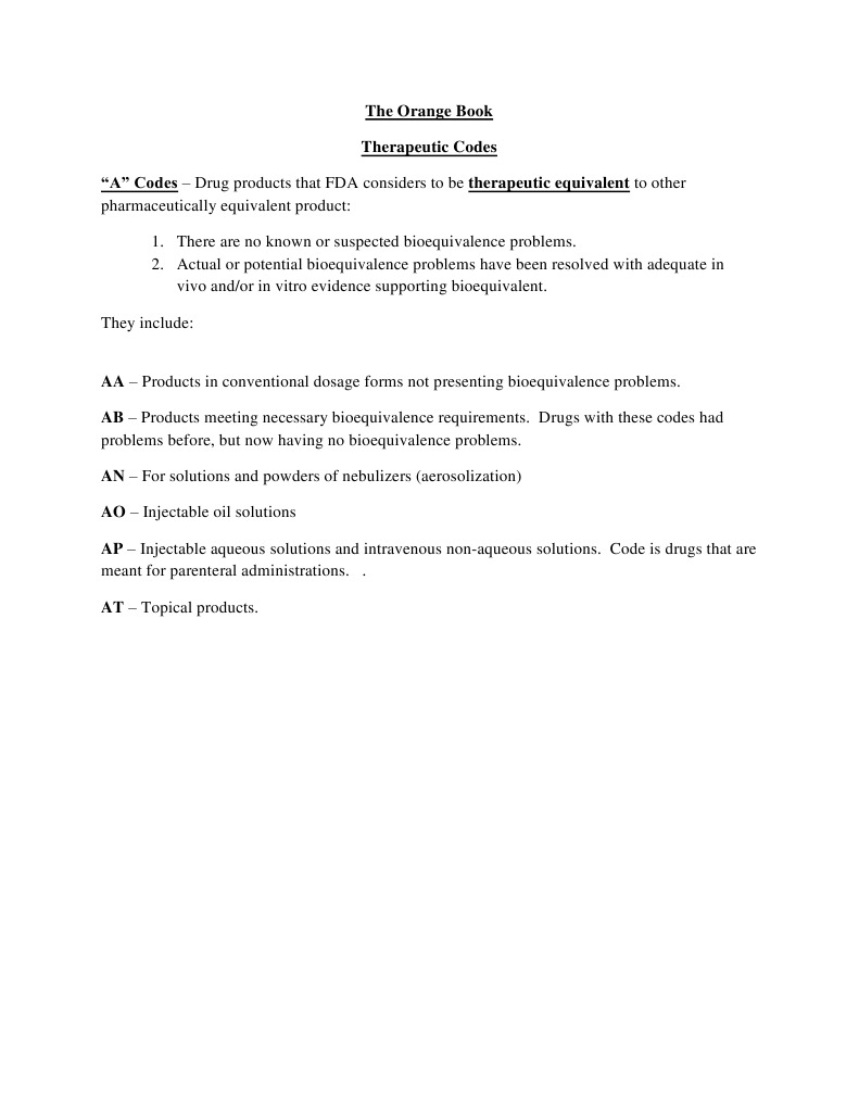 Orange Book: FDA Therapeutic Codes Guide | PDF