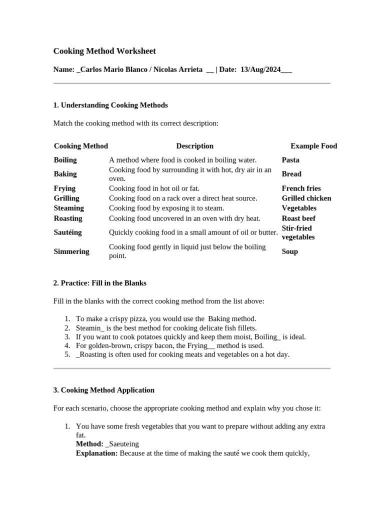 Cooking Methods Worksheet Guide | PDF | Cooking | Roasting