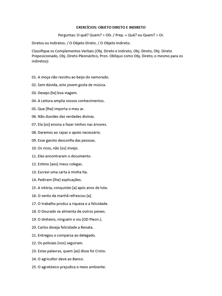 Exercícios de Objeto Direto e Indireto | PDF
