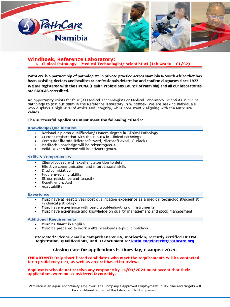 Medical Technologist Positions at PathCare | PDF | Health Care
