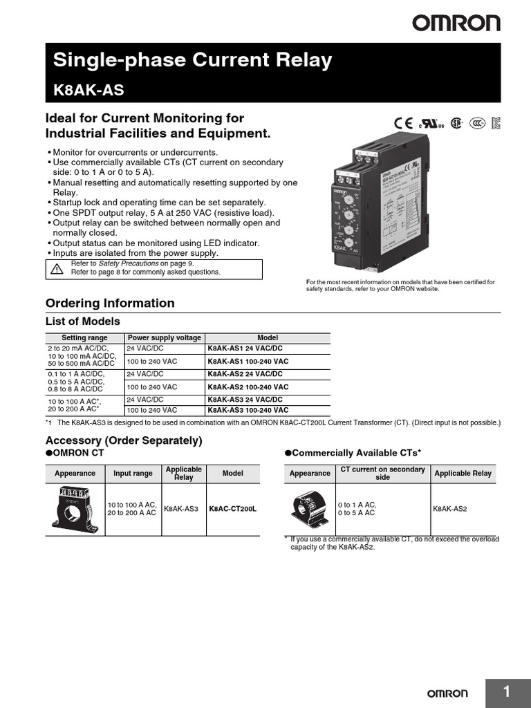 Single-Phase Current Relay K8AK-AS | PDF | Power Supply | Relay