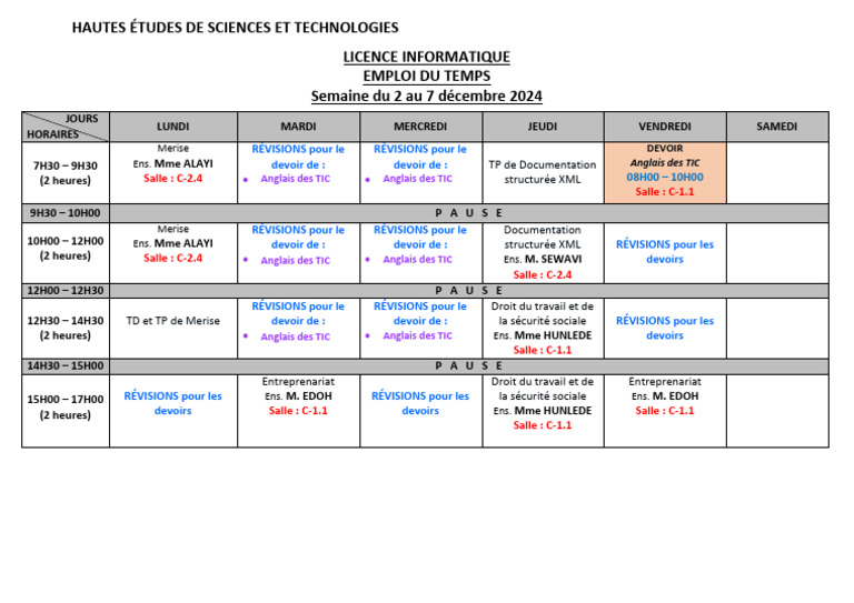 Emploi du temps Licence Informatique 2024 | PDF
