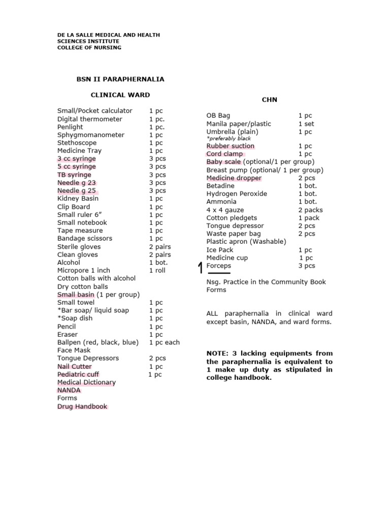 BSN II Clinical Ward Paraphernalia List | PDF