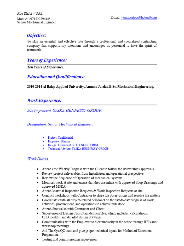 Senior Mechanical Engineer Profile | PDF | United Arab Emirates ...