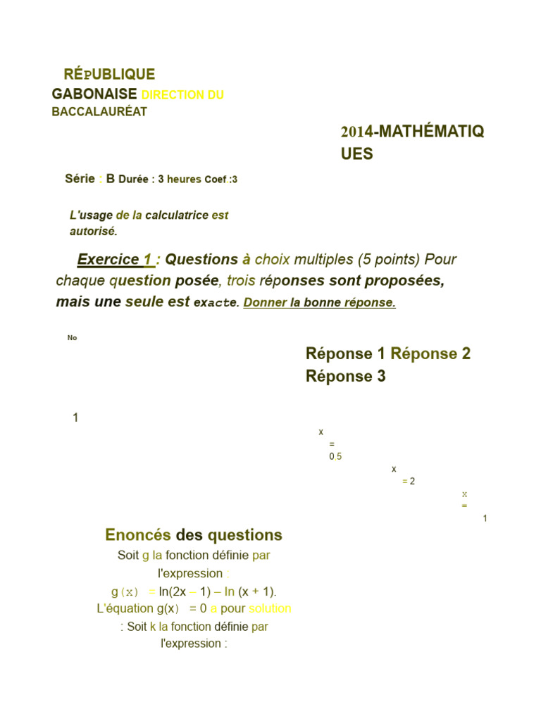 Bac 2014 Maths Série B - Épreuve | PDF | Mathématiques | Analyse ...