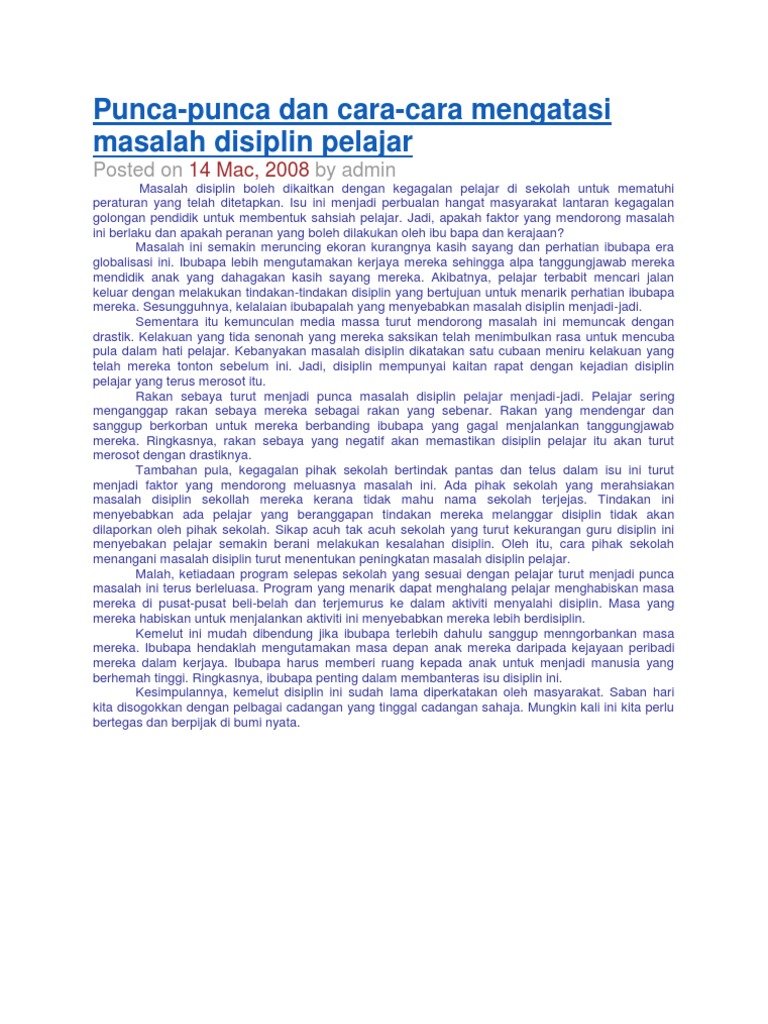 Punca Masalah Disiplin Pelajar Pdf