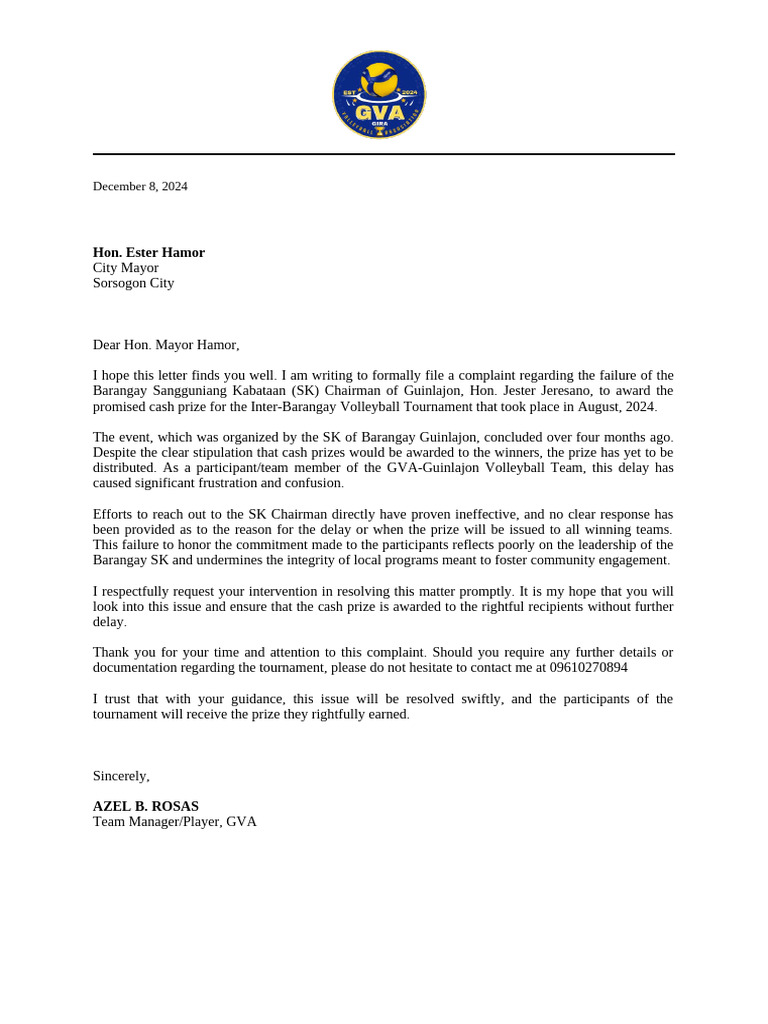 Gva letter to mayor cash prize pdf