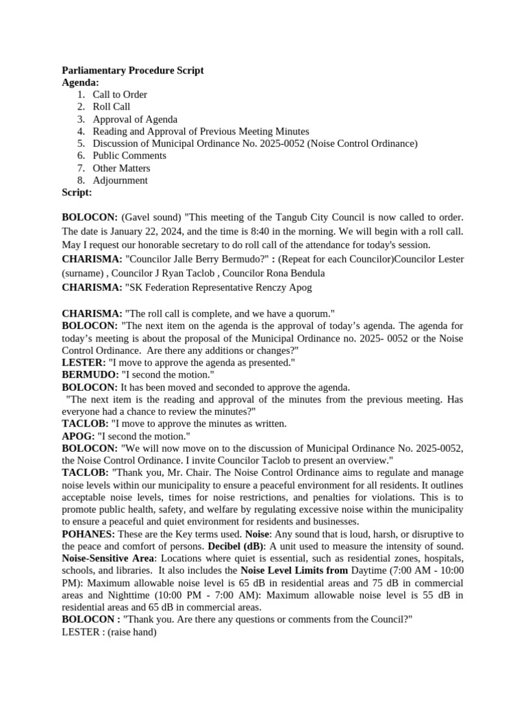 Parliamentary Procedure Script | PDF | Noise | Government