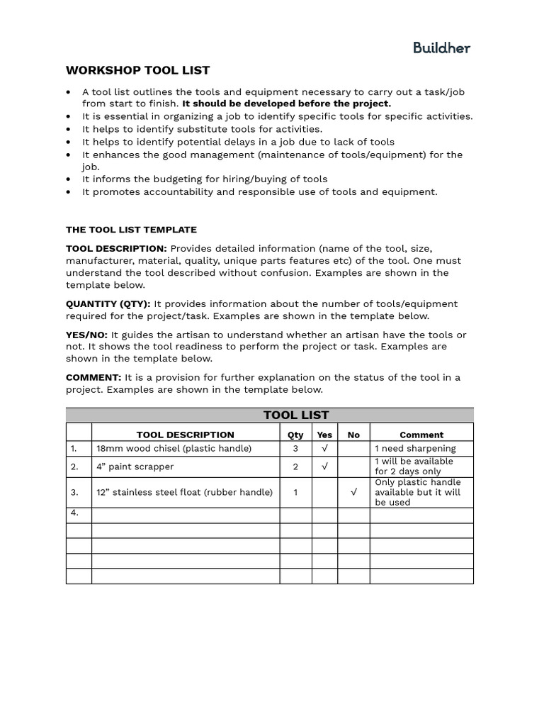 Essential Workshop Tool List Template | PDF