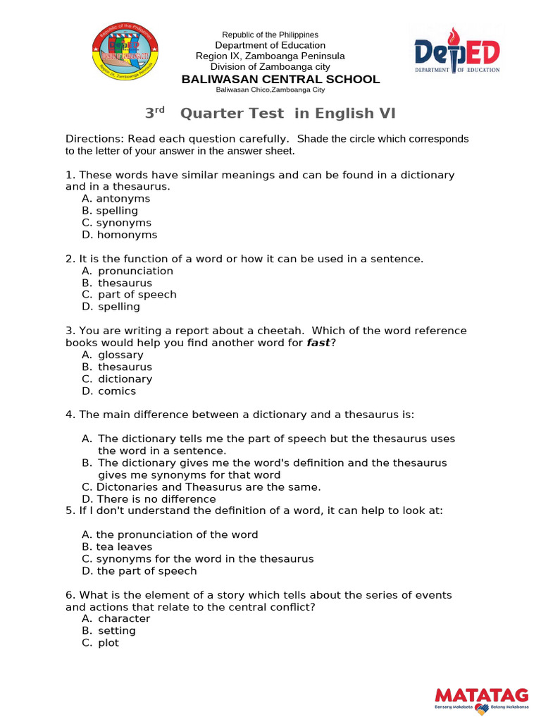 English VI 3rd Quarter Test Questions | PDF