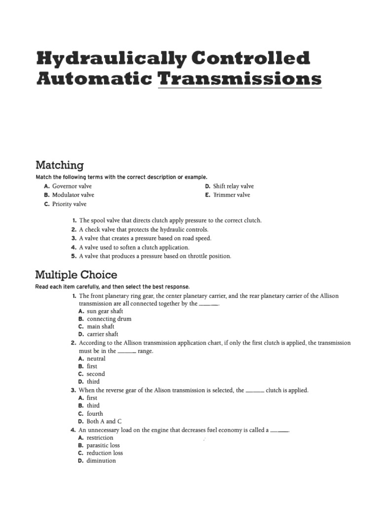 Automatic Transmission Review Questions | PDF | Clutch | Valve