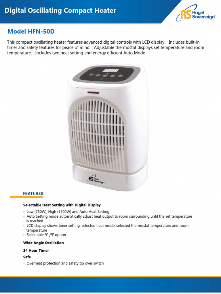 Royal Sovereign Heater HFN 50D - Sheet | PDF | Thermostat | Temperature