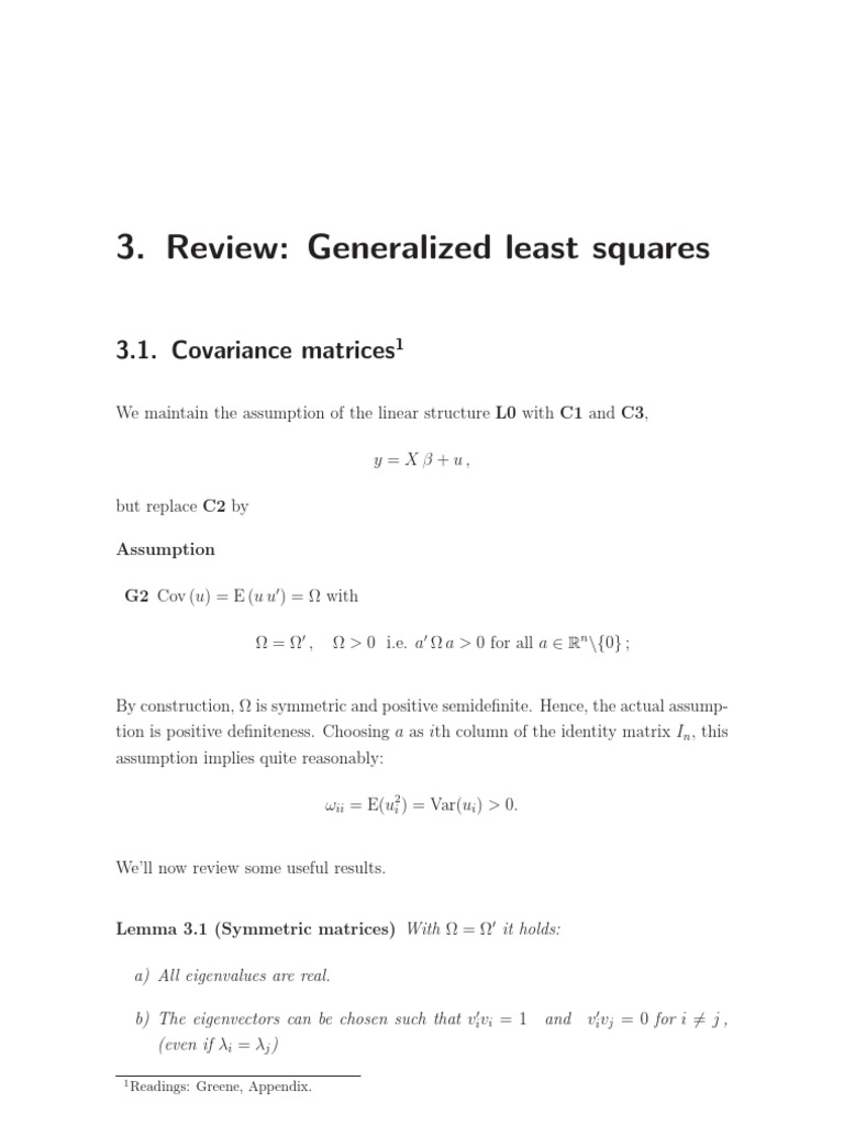Review: Generalized Least Squares: 3.1. Covariance Matrices | PDF ...